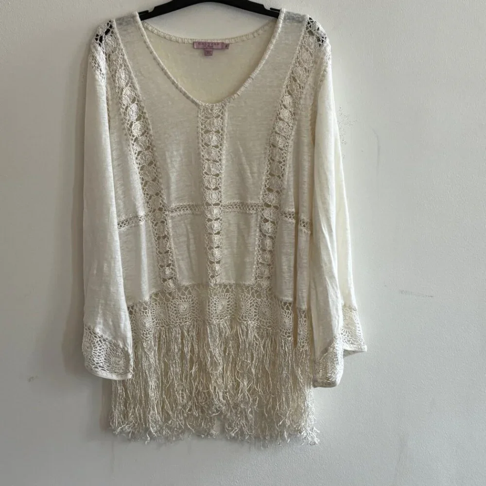 Calypso St. Barth Linen Tunic Boho Crochet Fringe | Small - Picture 1 of 6